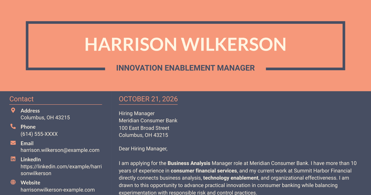 7 Business Analysis Manager - Innovation and Technology Enablement Cover Letter Templates with Example