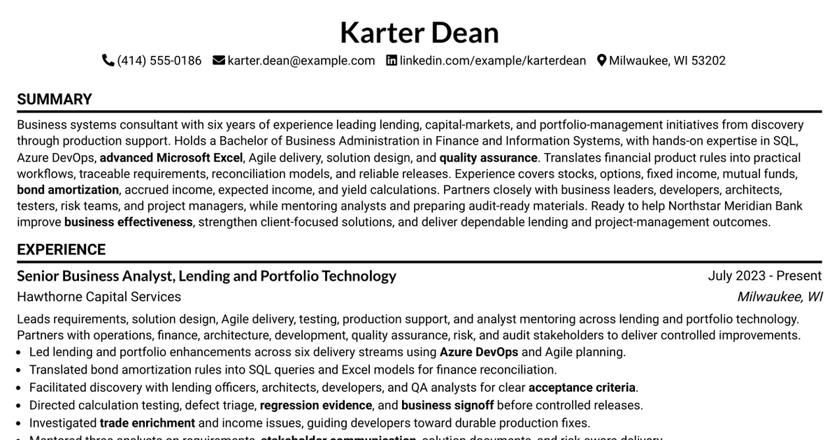 33 Business Analyst - Lending & PM Tools Resume Templates with Example 2026 (ATS-Optimized)