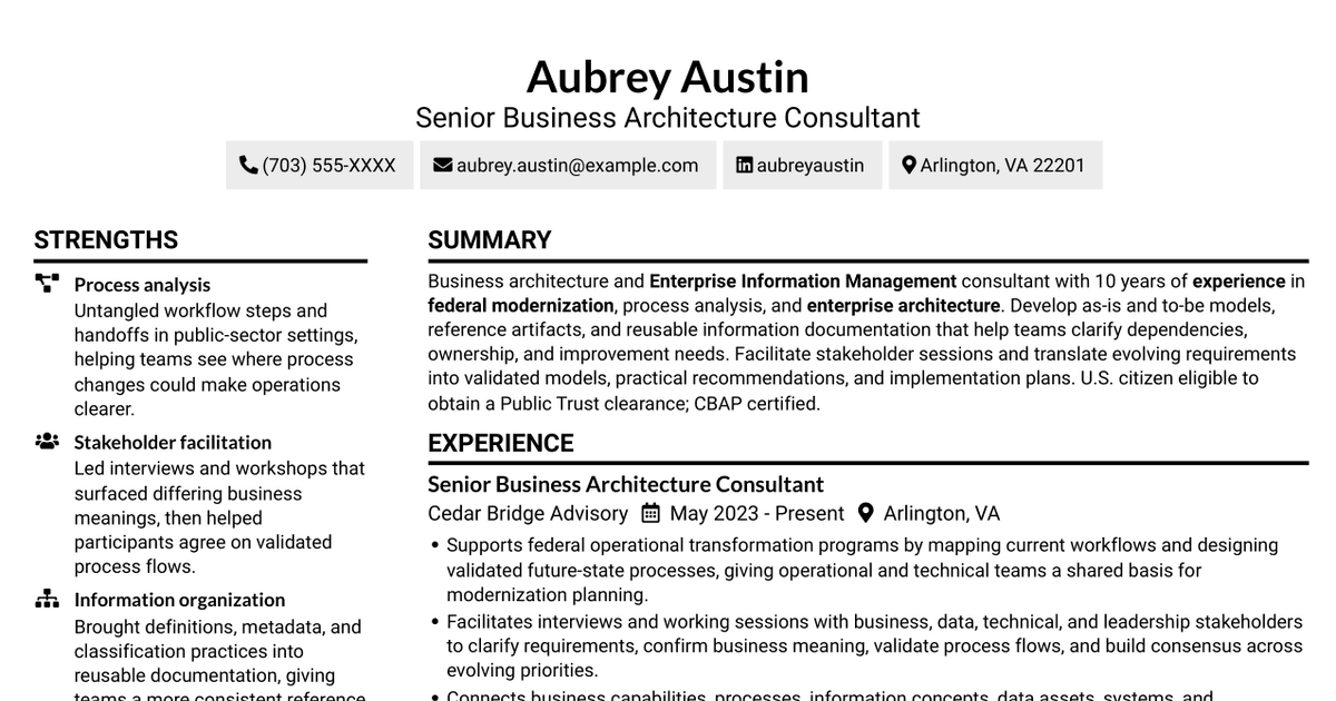 7 Business Architecture Consultant - Enterprise Information Management Resume Templates with Example