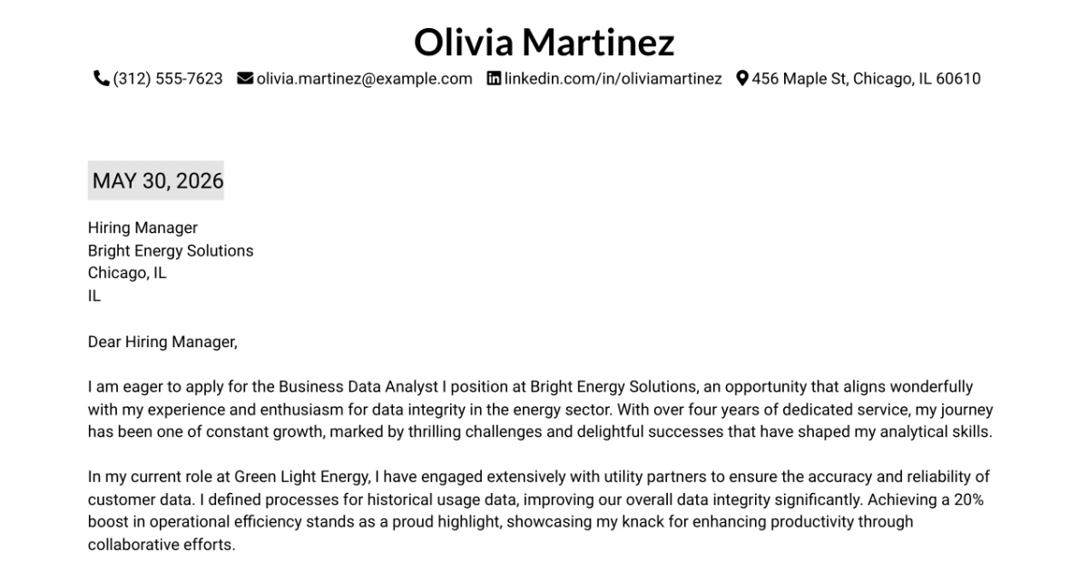 30+ Business Data Analyst I Cover Letter Templates with Example 2026