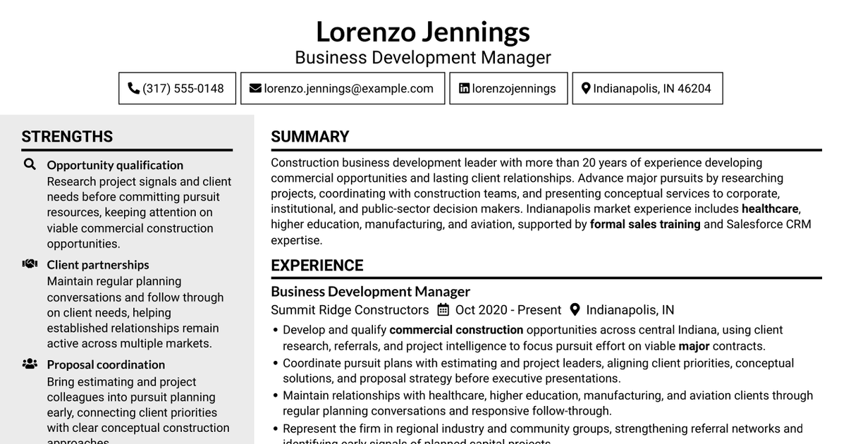 7 Business Development Manager Construction Resume Templates with Example