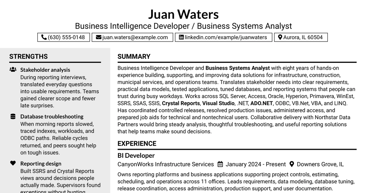 33 Business Intelligence (BI) Developer / Business Systems Analyst Resume Templates with Example 2026 (ATS-Optimized)
