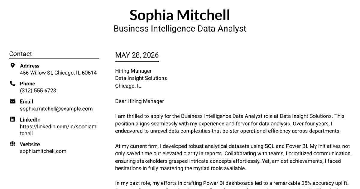 30+ Business Intelligence Data Analyst Cover Letter Templates with Example 2026