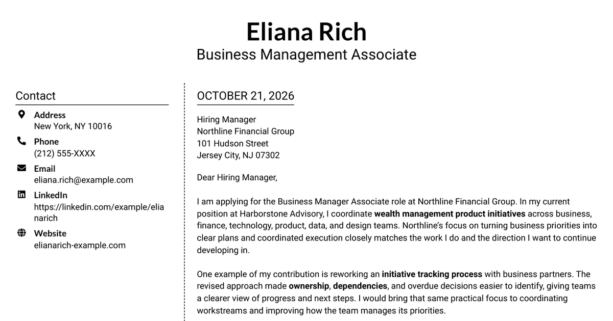 7 Business Manager Associate - Wealth Management Product Cover Letter Templates with Example