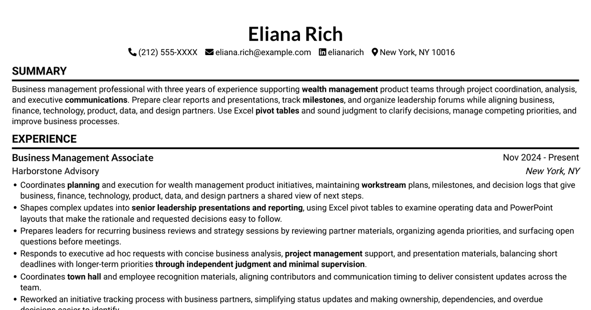 7 Business Manager Associate - Wealth Management Product Resume Templates with Example