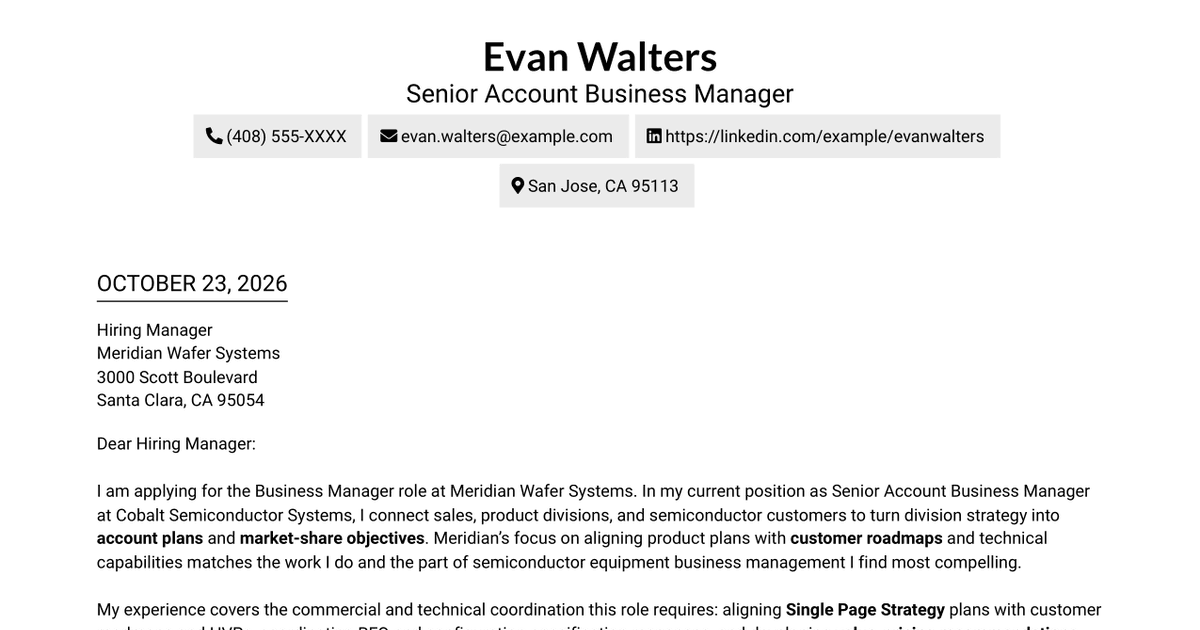 7 Business Manager - Semiconductor Equipment Accounts Cover Letter Templates with Example