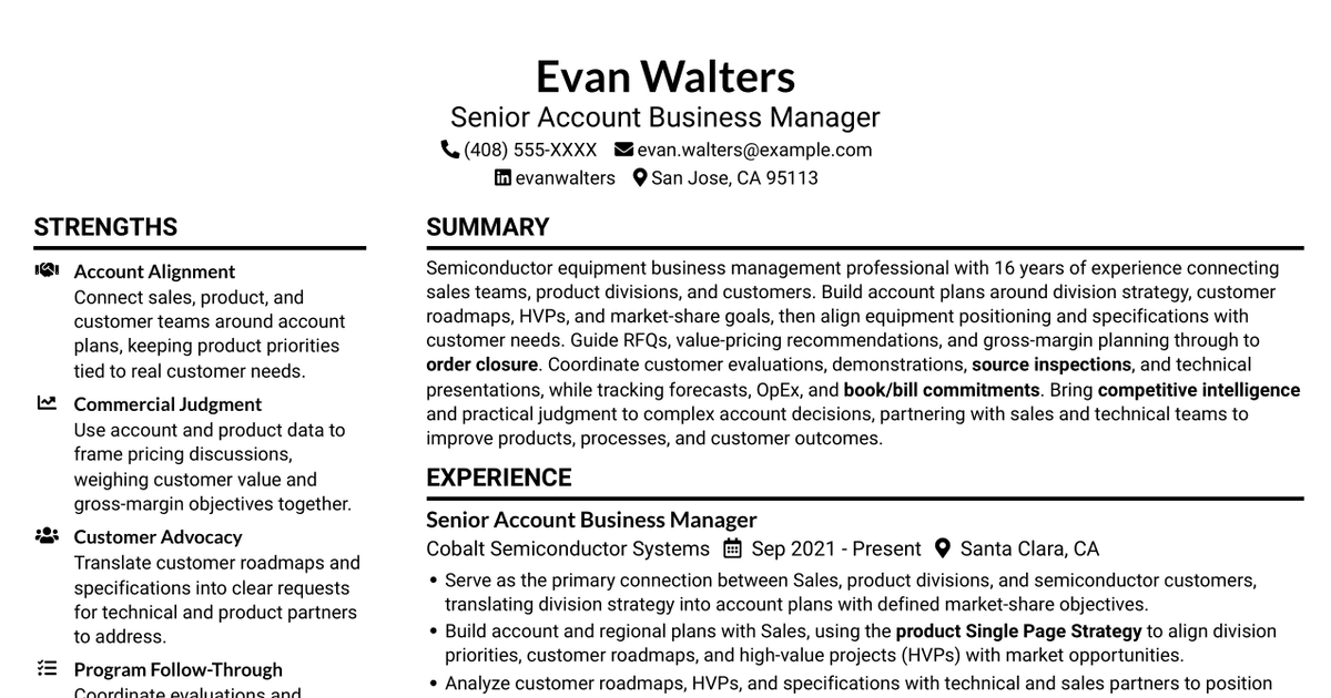 7 Business Manager - Semiconductor Equipment Accounts Resume Templates with Example