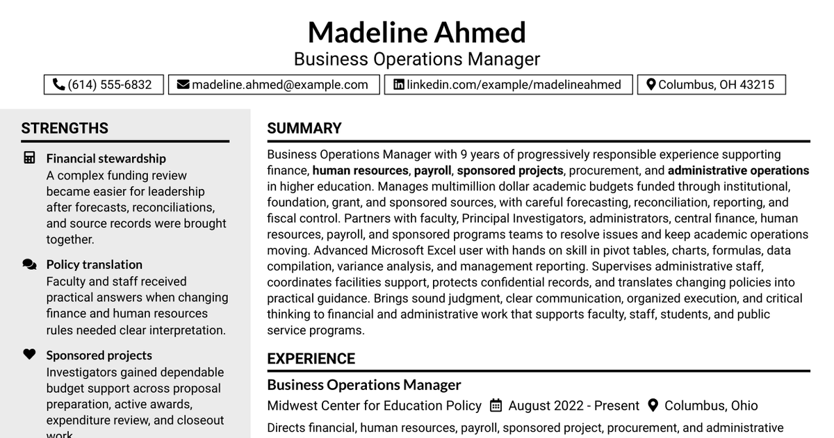 7 Business Operations Manager Resume Templates with Example