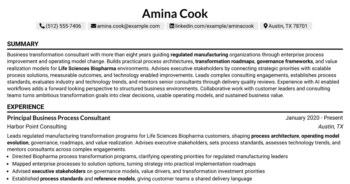 33 Business Processes Chief Consultant - Regulated Manufacturing Resume Templates with Example