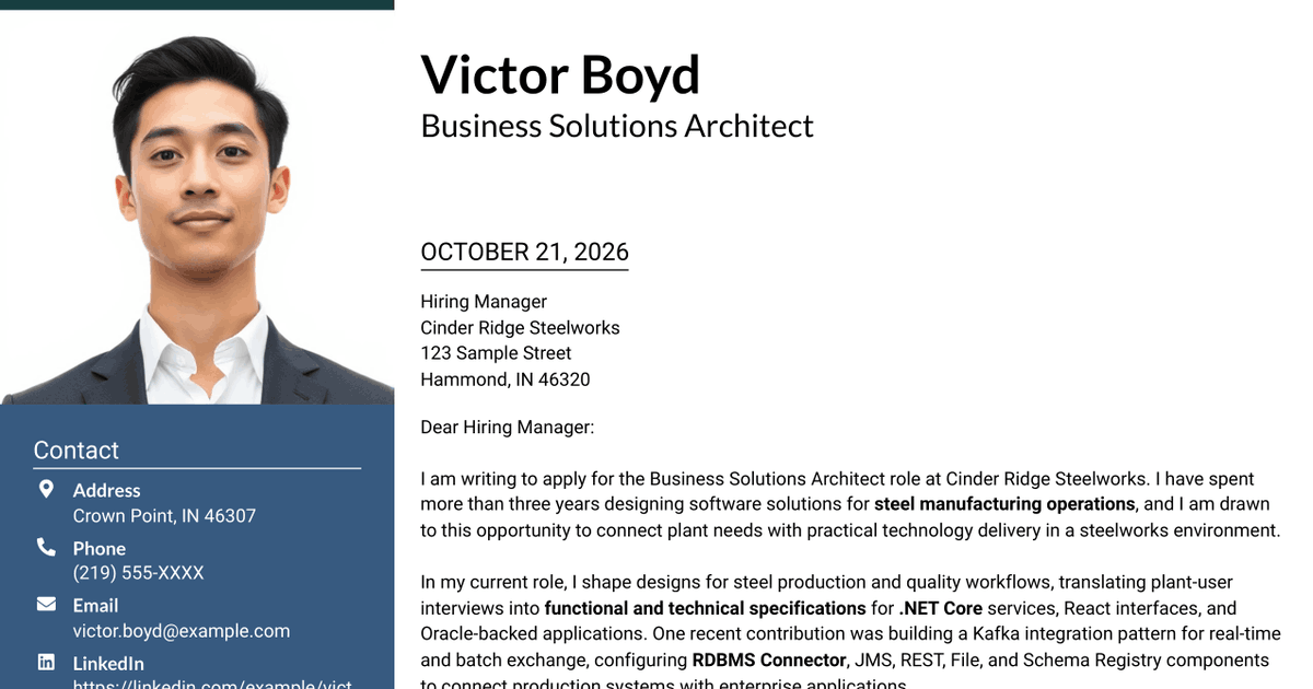 7 Business Solutions Architect Steel Manufacturing Cover Letter Templates with Example