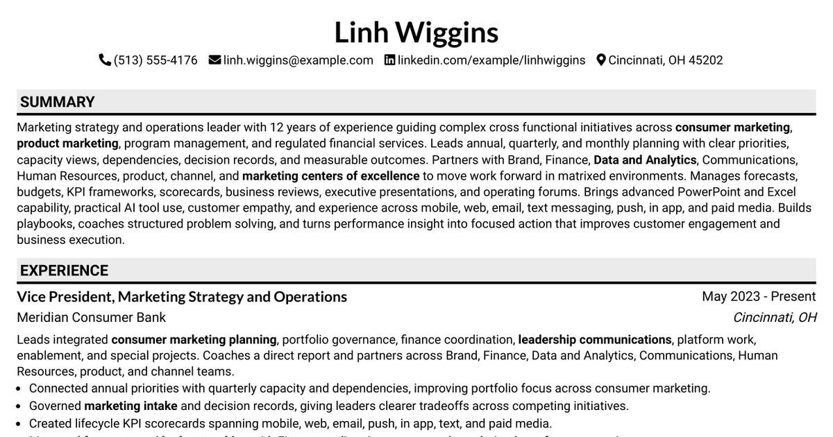33 Business Strategy Manager, Vice President - Marketing Operations Strategy Resume Templates with Example 2026 (ATS-Optimized)