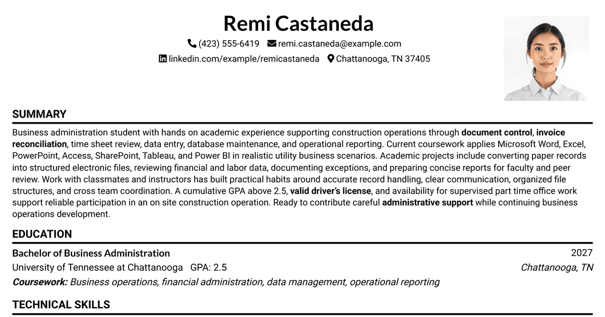 7 Business Student - Construction Operations Support Resume Templates with Example