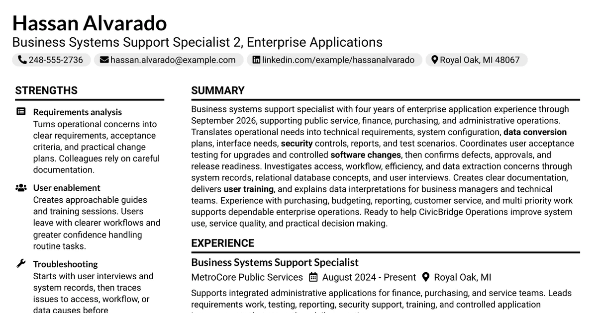 33 Business Systems Support Specialist 2 - Enterprise Applications Resume Templates with Example 2026 (ATS-Optimized)