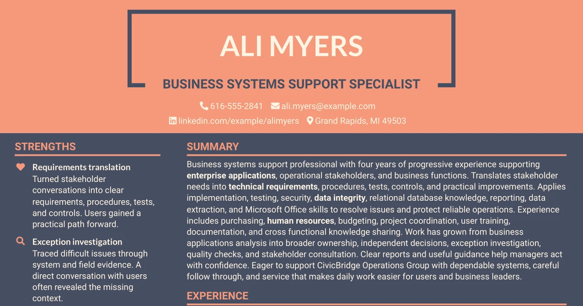 33 Business Systems Support Specialist - Enterprise Systems Support Resume Templates with Example 2026 (ATS-Optimized)