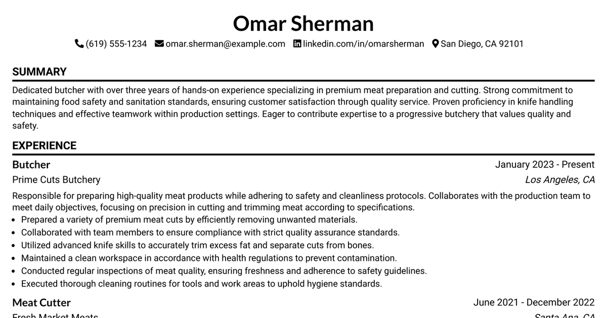 33 Butcher/Meat Cutter/Meat Trimmer Resume Templates with Example 2026 (ATS-Optimized)