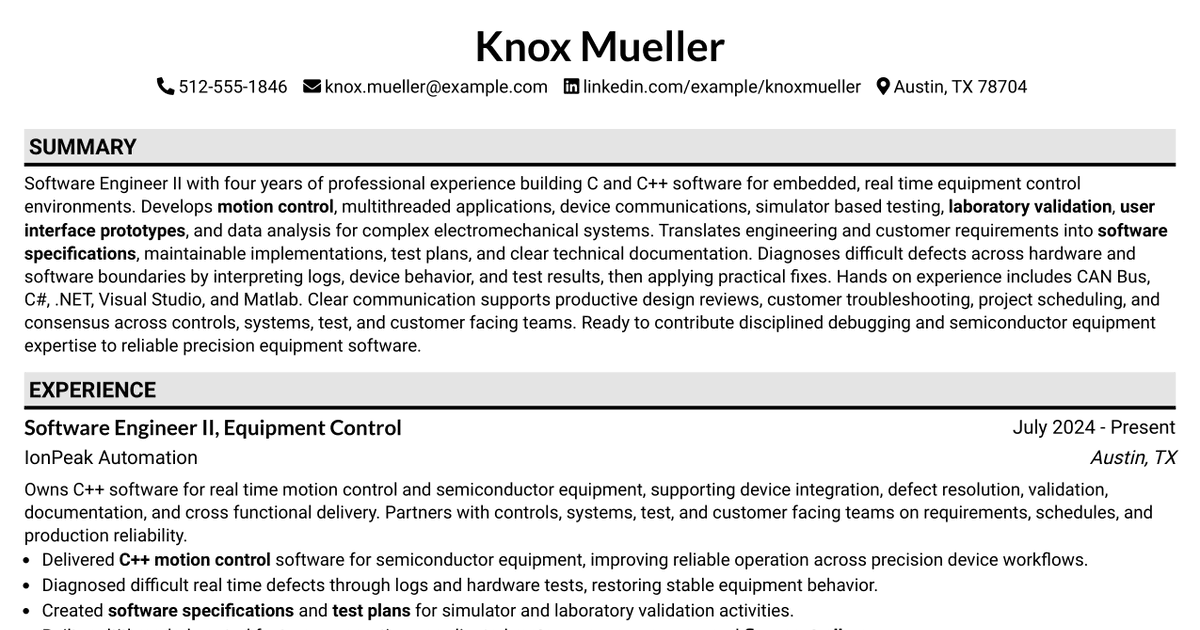 7 C, C++ Software Engineer II Resume Templates with Example