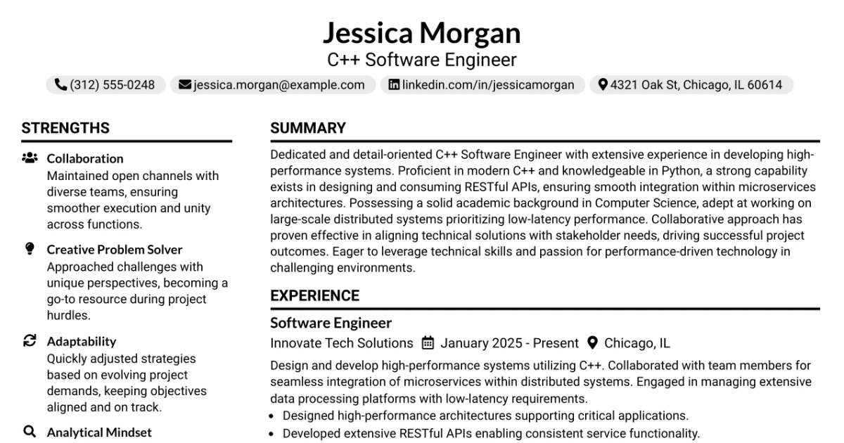 33 C++ Software Engineer Resume Templates with Example 2026 (ATS-Optimized)