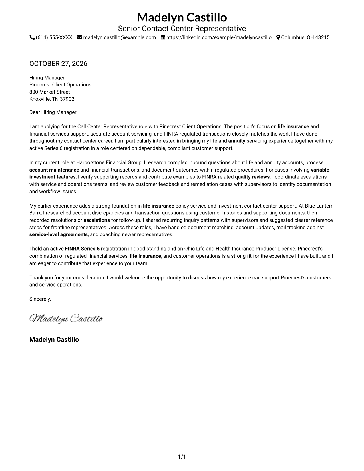 Cover letter example — page 1