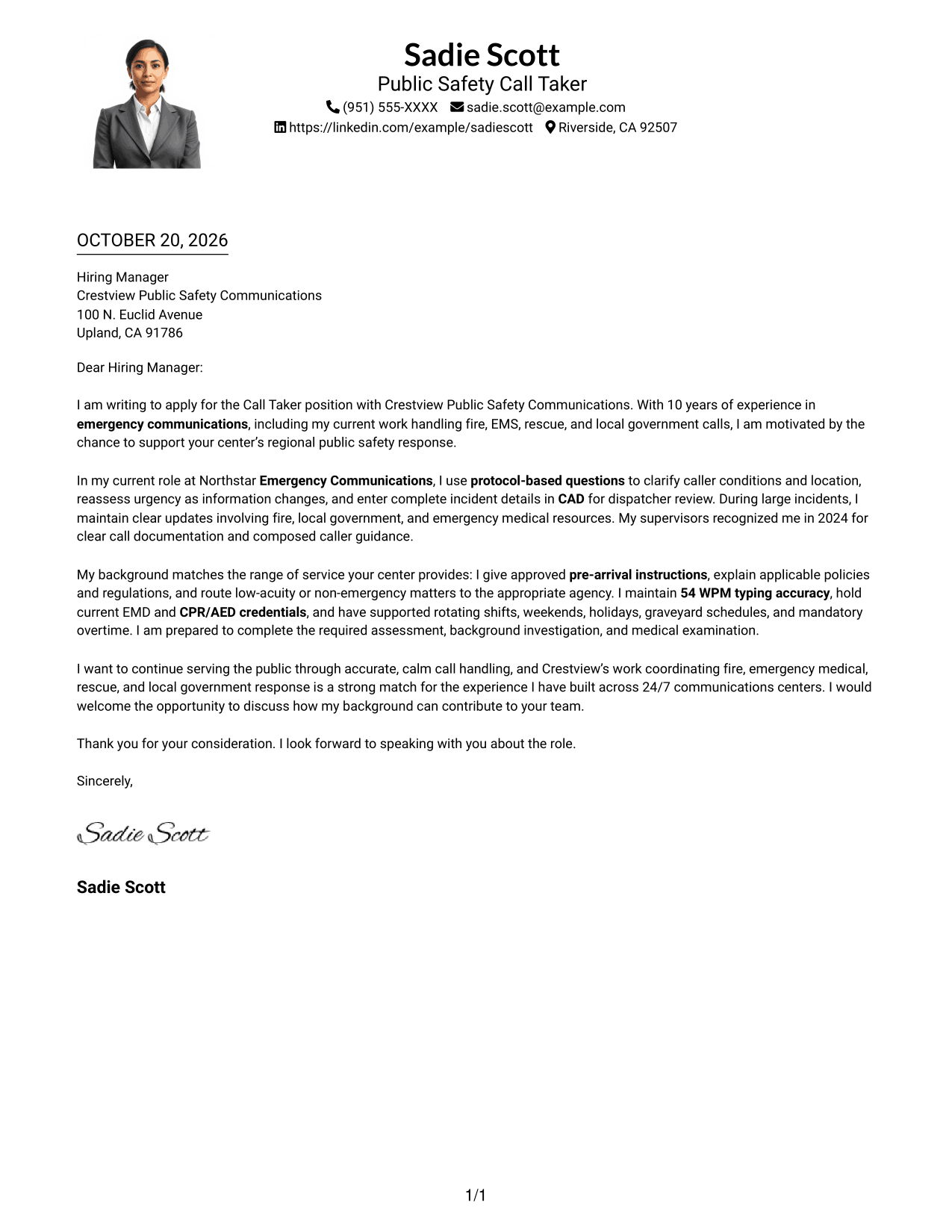 Cover letter example — page 1