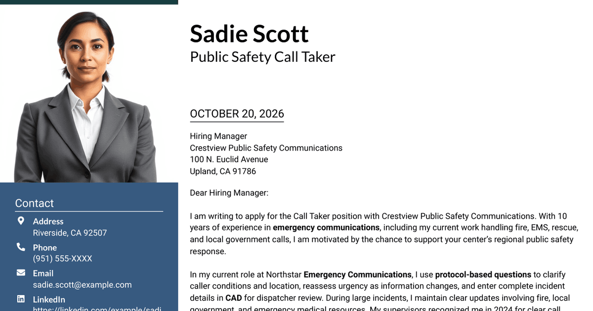 7 Call Taker - Fire and EMS Communications Cover Letter Templates with Example