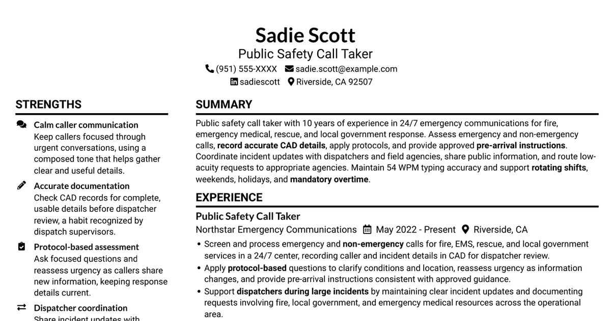7 Call Taker - Fire and EMS Communications Resume Templates with Example