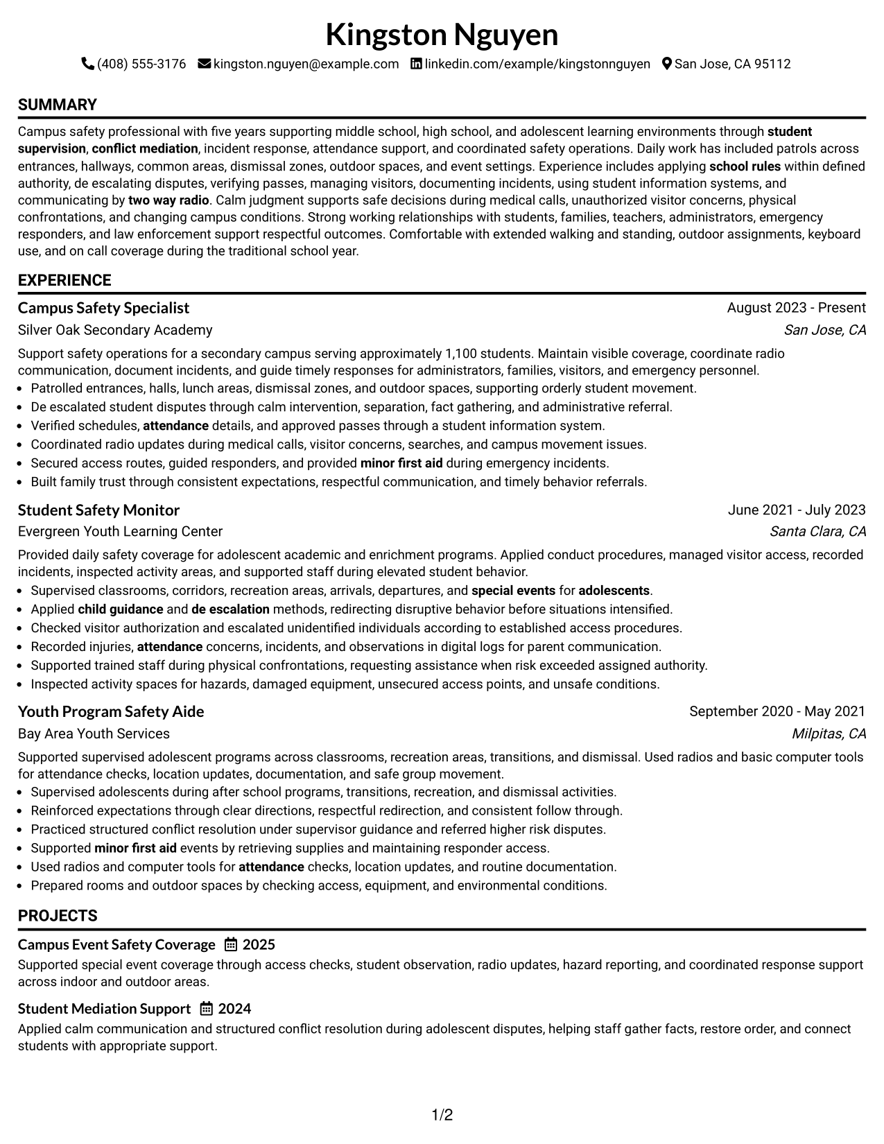 Resume Example Page 1