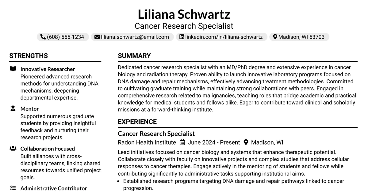 33 Cancer Research Specialist Resume Templates with Example 2026 (ATS-Optimized)