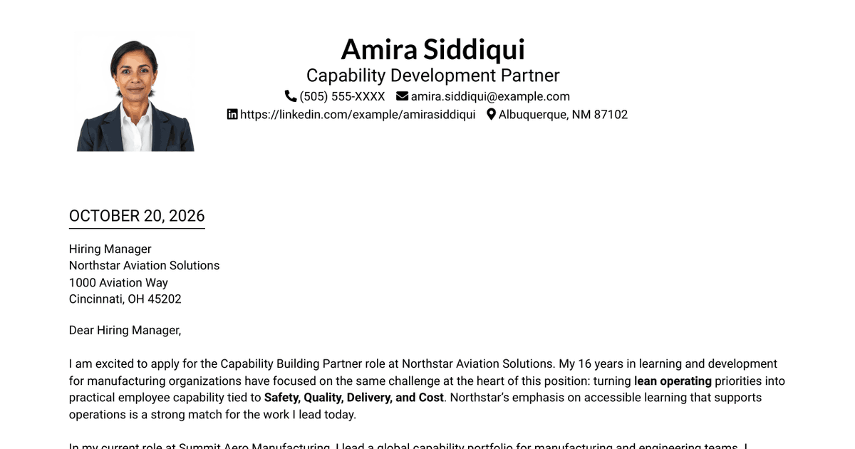 7 Capability Building Partner - Lean Manufacturing Cover Letter Templates with Example