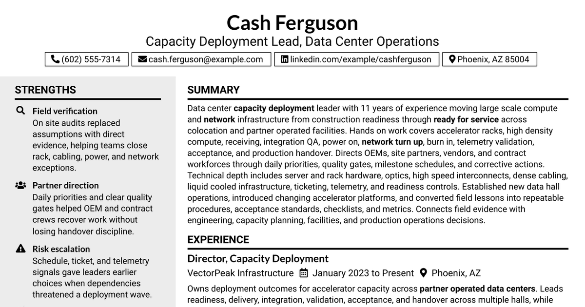 7 Capacity Deployment Lead - Data Center Operations Resume Templates with Example