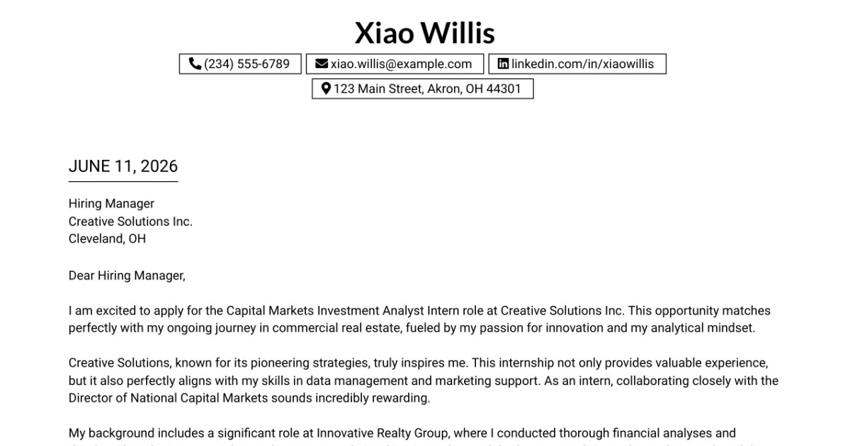 30+ Capital Markets Investment Analyst Intern Cover Letter Templates with Example 2026
