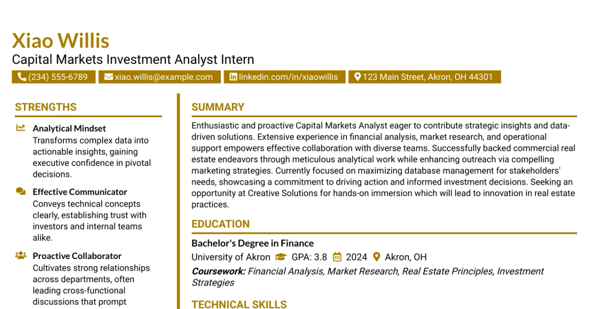 33 Capital Markets Investment Analyst Intern Resume Templates with Example 2026 (ATS-Optimized)