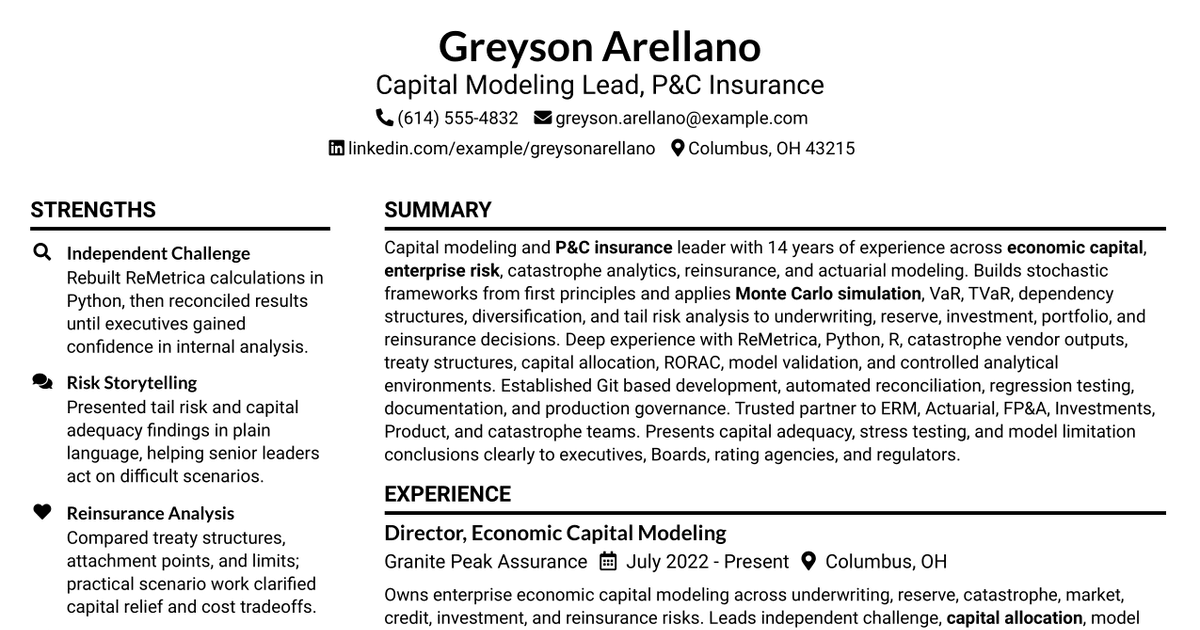7 Capital Modeling Lead, P&C Insurance Resume Templates with Example