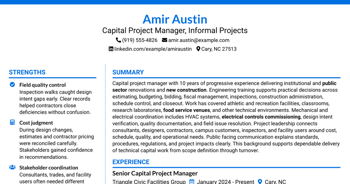 7 Capital Project Manager - Informal Projects Resume Templates with Example