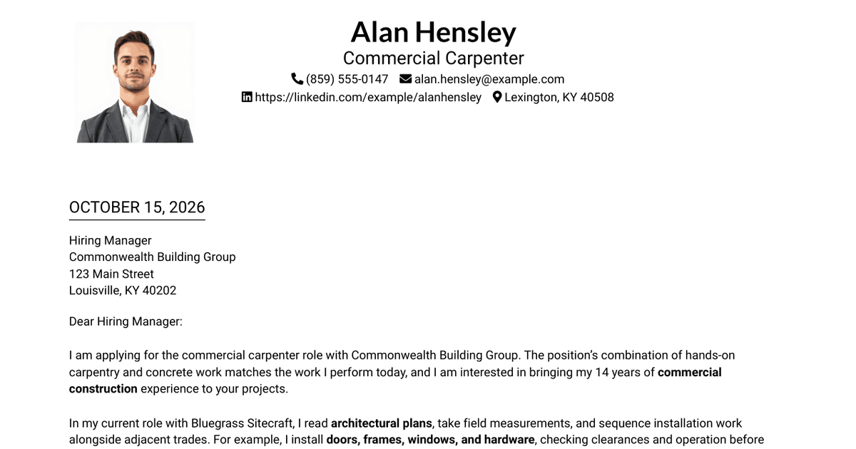 7 Carpenter - Commercial Construction Cover Letter Templates with Example