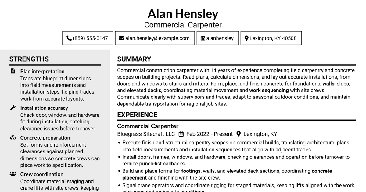 7 Carpenter - Commercial Construction Resume Templates with Example