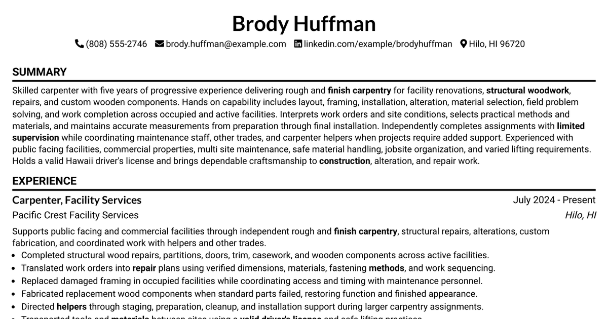 7 Carpenter I - Rough and Finish Carpentry Resume Templates with Example