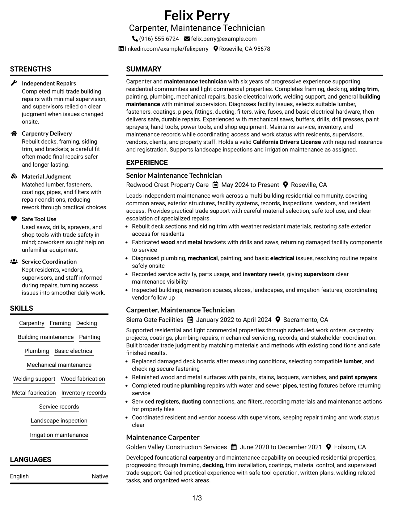 Resume Example Page 1