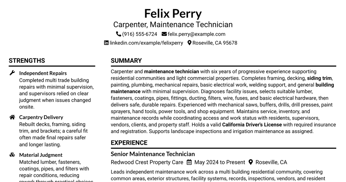 7 Carpenter/Maintenance Technician Resume Templates with Example