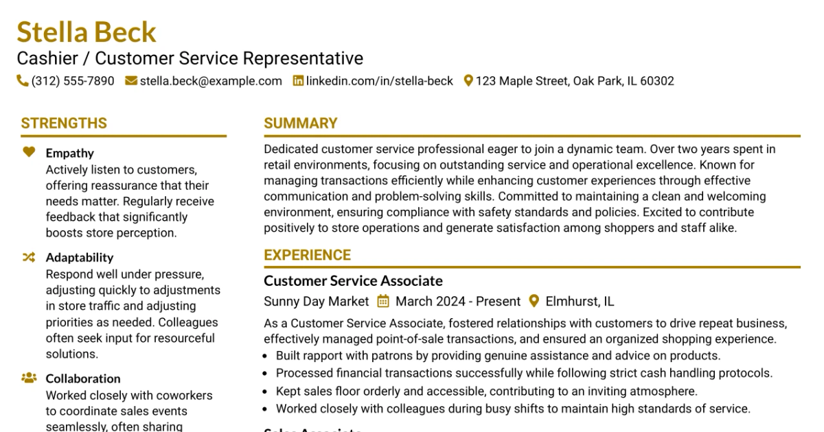 33 Cashier / Customer Service Representative Resume Templates with Example 2026 (ATS-Optimized)