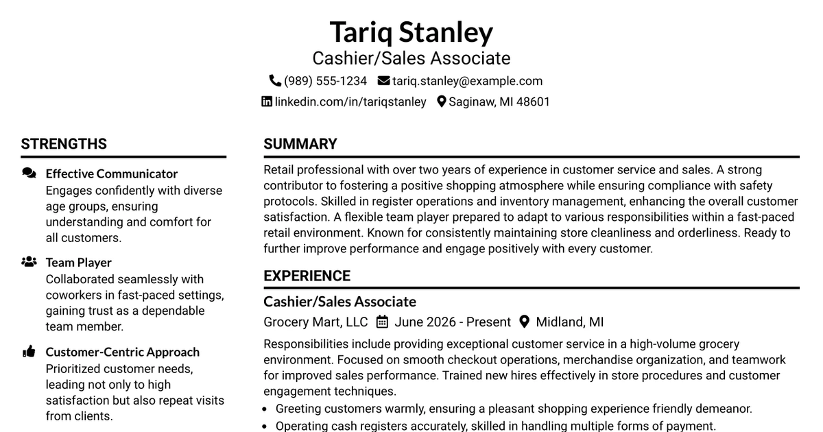 33 Cashier/Sales Associate Resume Templates with Example 2026 (ATS-Optimized)