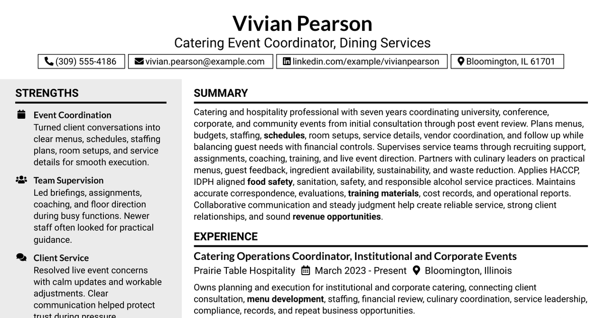 7 Catering Event Coordinator - Dining Services Resume Templates with Example