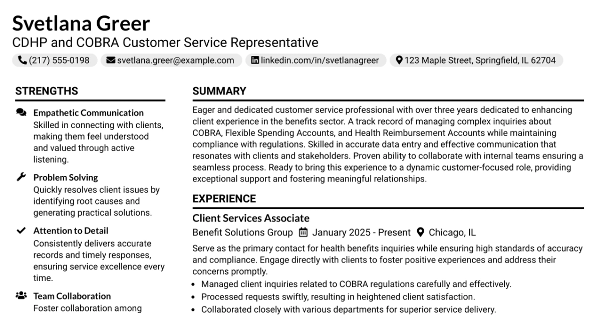 33 CDHP and COBRA Customer Service Representative Resume Templates with Example 2026