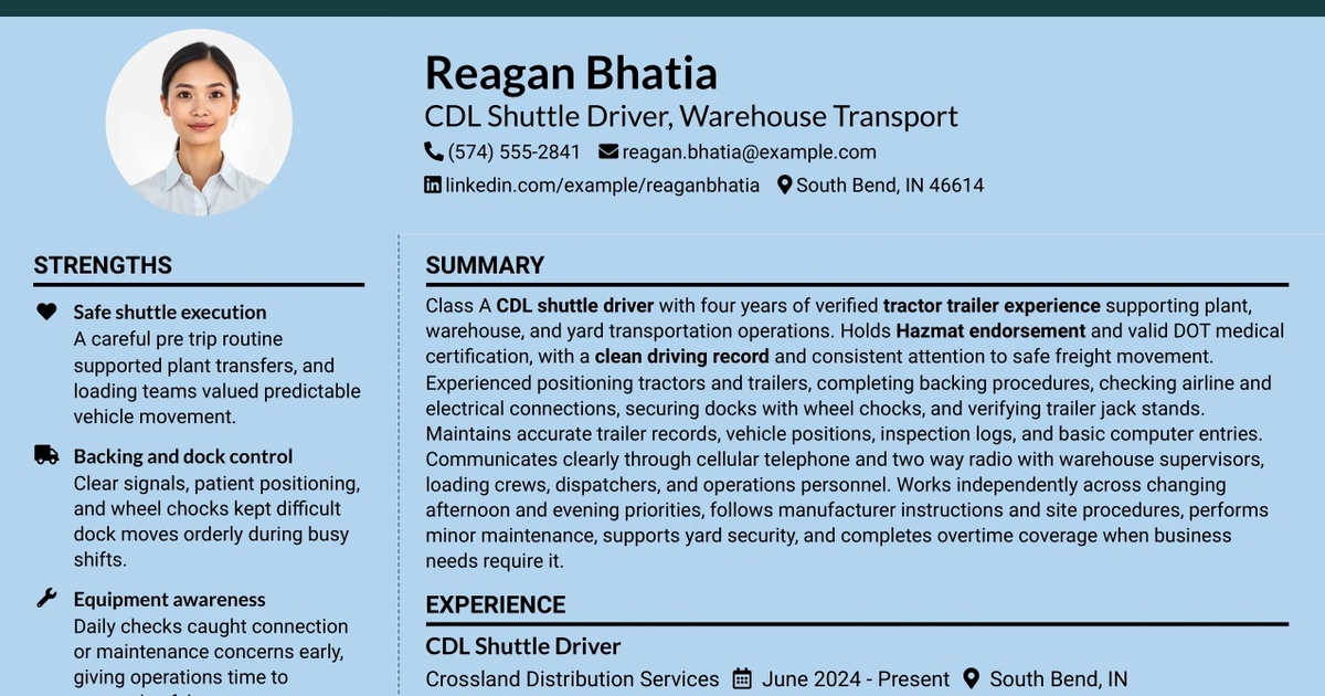 33 CDL Shuttle Driver - Warehouse Transport Resume Templates with Example 2026 (ATS-Optimized)