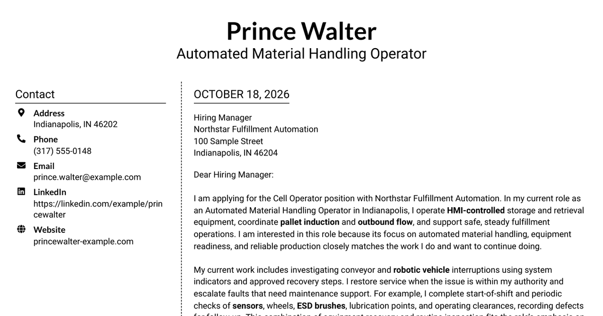 7 Cell Operator - Robotic Material Handling Cover Letter Templates with Example
