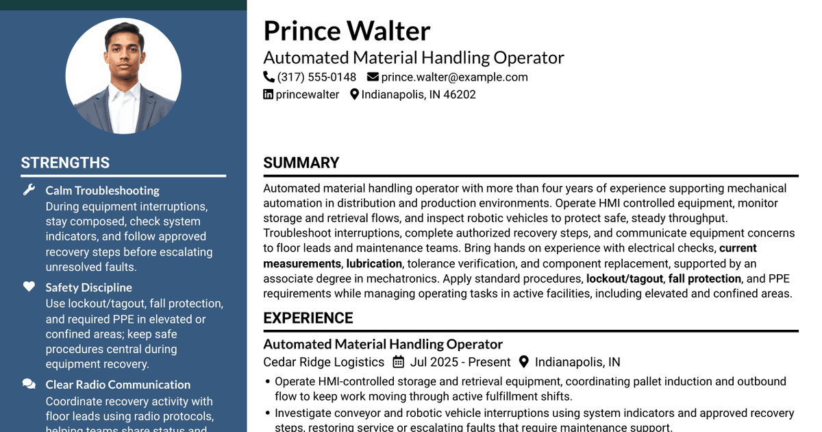 7 Cell Operator - Robotic Material Handling Resume Templates with Example