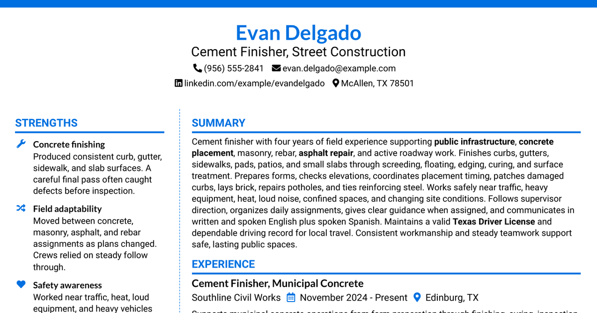 7 Cement Finisher - Street Construction Resume Templates with Example