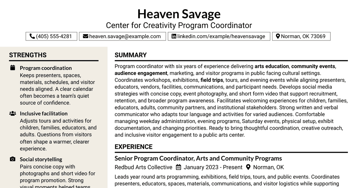 7 Center for Creativity Program Coordinator Resume Templates with Example