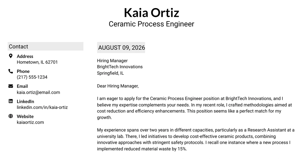 30+ Ceramic Process Engineer Cover Letter Templates with Example 2026