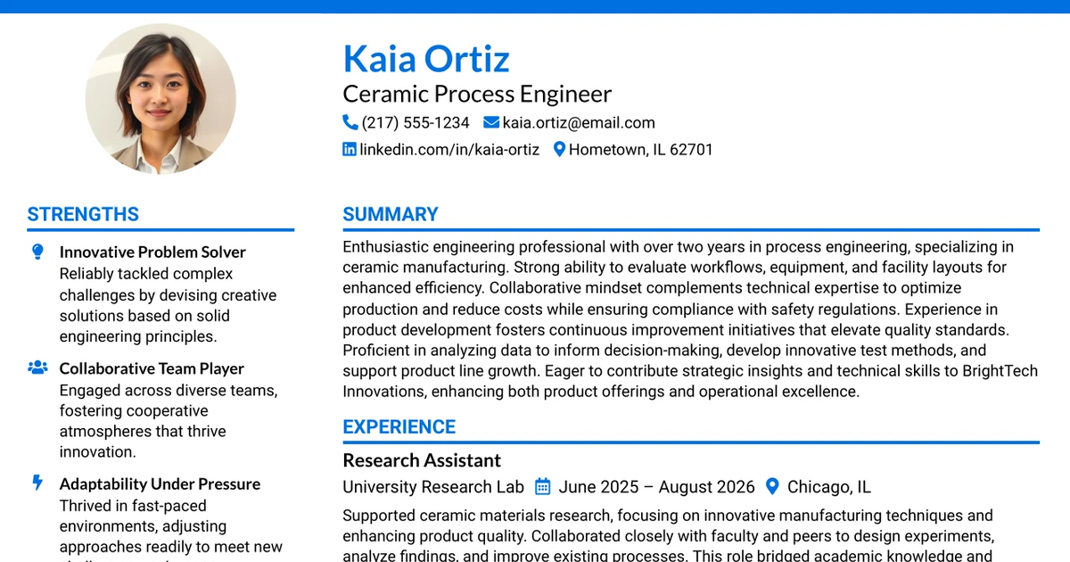 33 Ceramic Process Engineer Resume Templates with Example 2026 (ATS-Optimized)