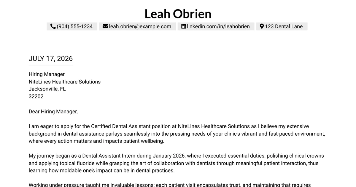 30+ Certified Dental Assistant Cover Letter Templates with Example 2026